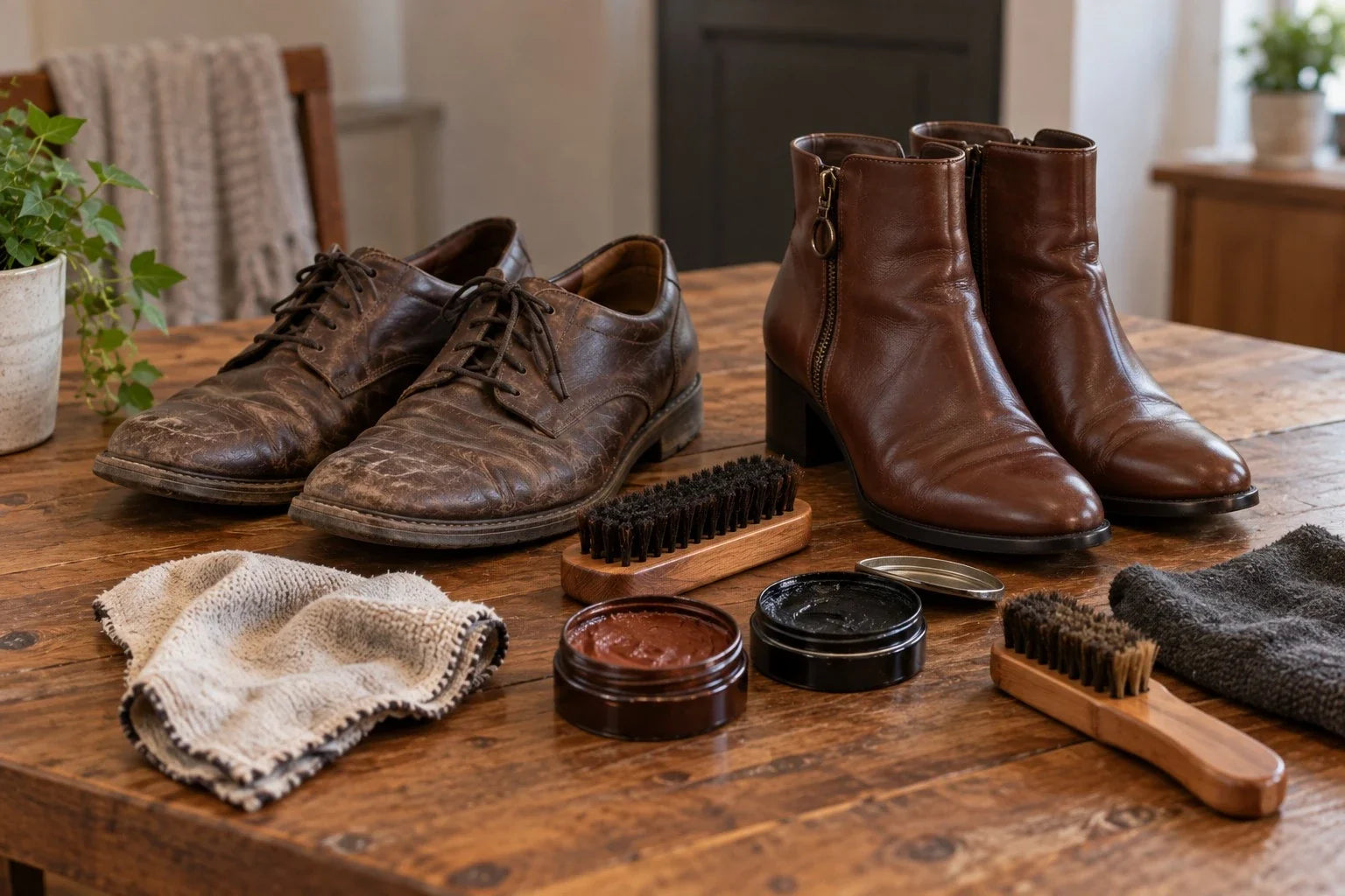 Men’s leather shoes and women’s ankle boots on a wooden table with shoe brushes, polishing cloths and open tins of shoe polish.