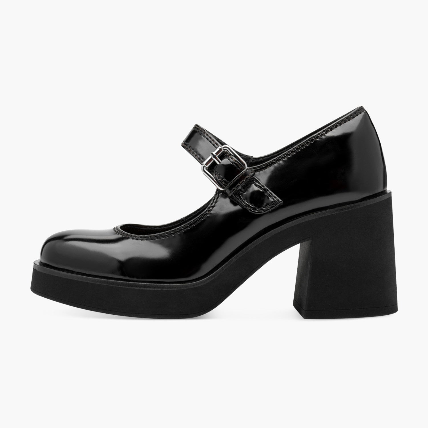 Tamaris Black Patent Court Shoe with Banana Heel - Leavys Shoes