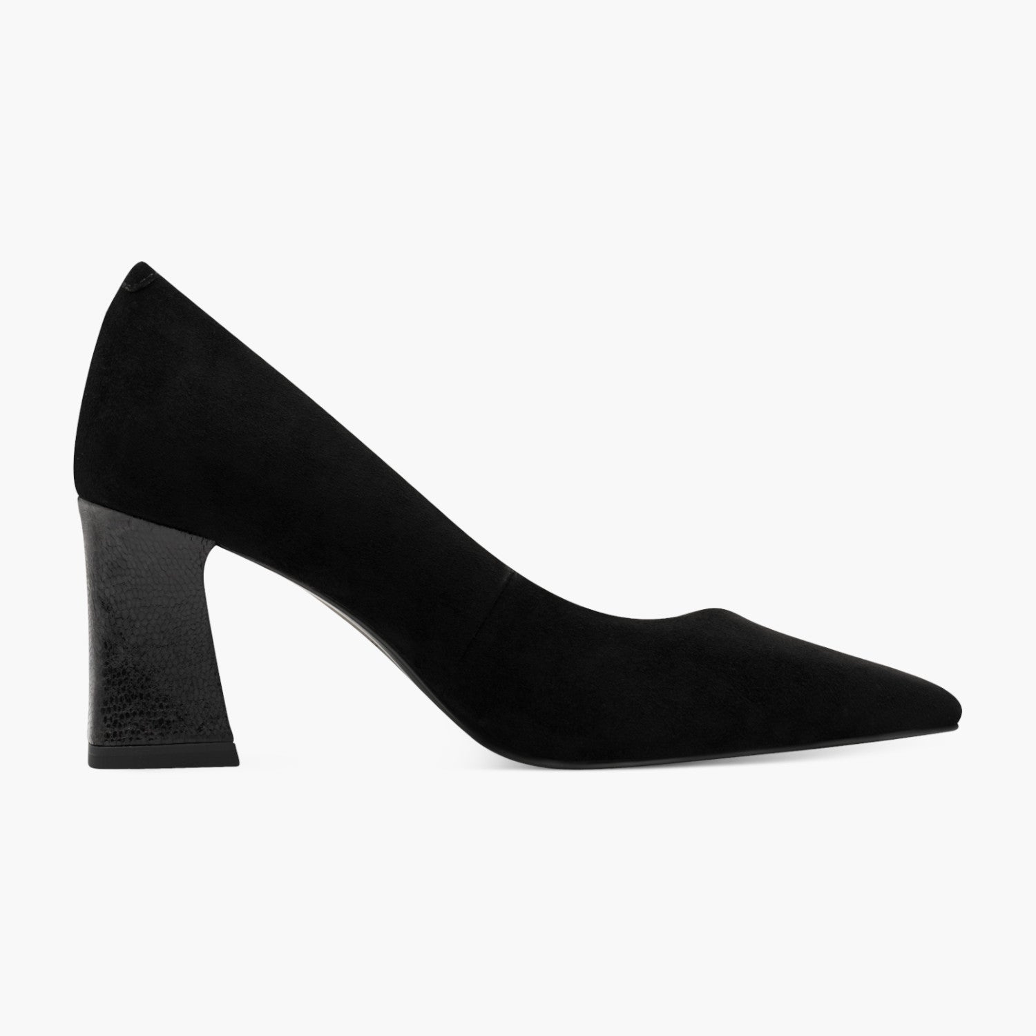 Tamaris Black Suede Court Shoe with 75mm Block Heel - Leavys Shoes