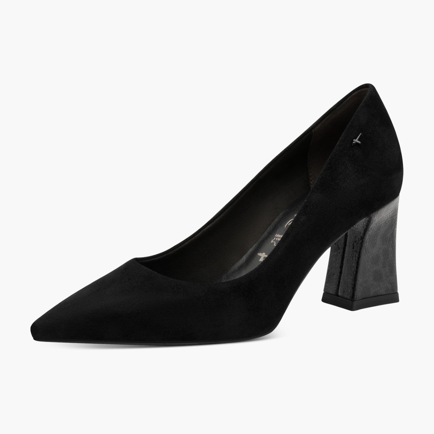 Tamaris Black Suede Court Shoe with 75mm Block Heel - Leavys Shoes