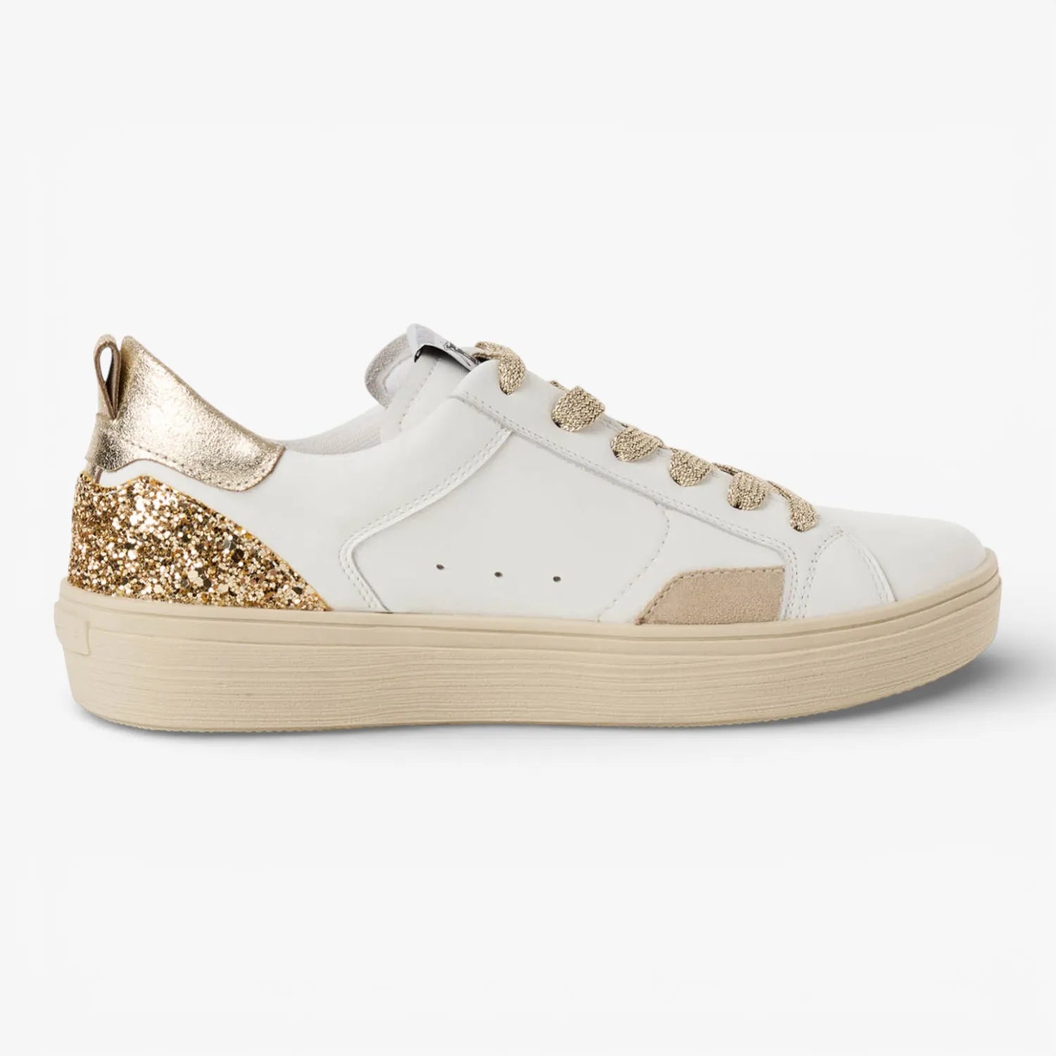 Tamaris White and Light Gold Glitter Trainer with Removable Insole