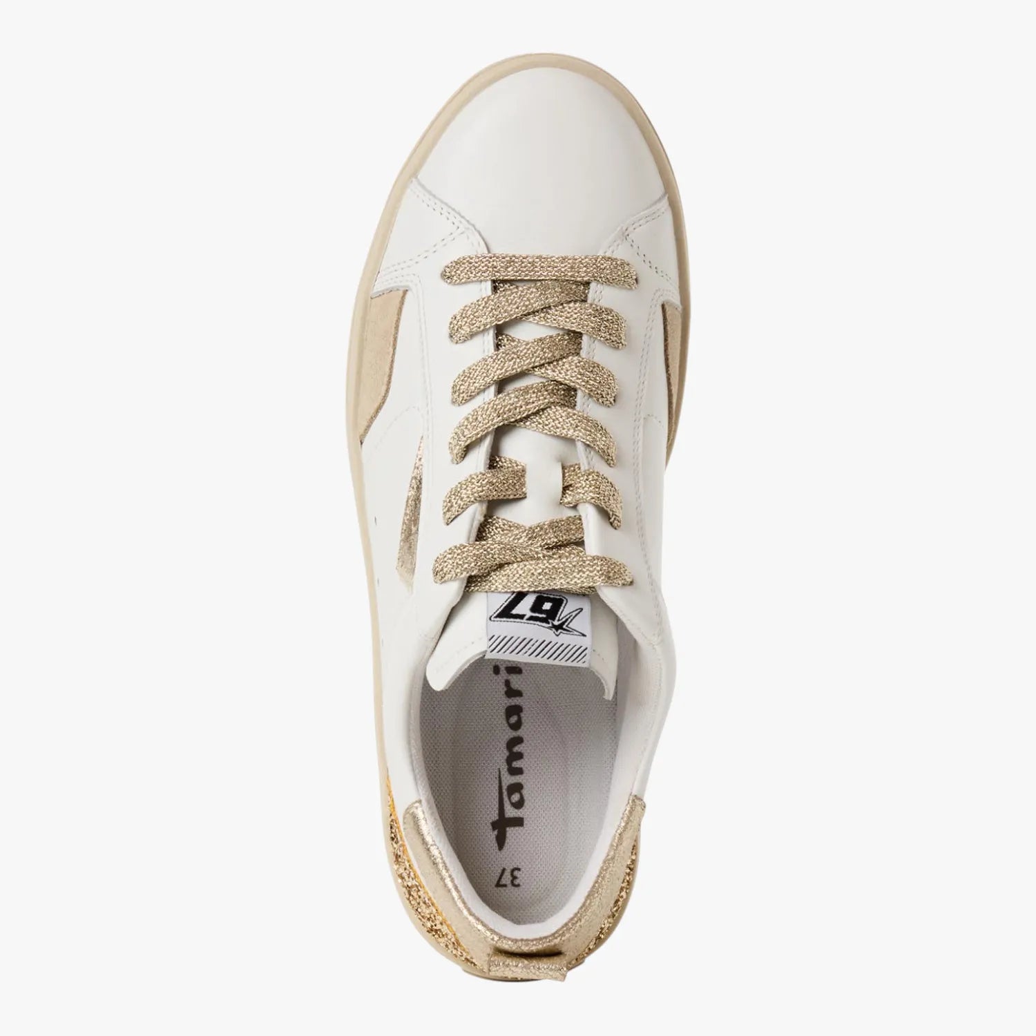 Tamaris White and Light Gold Glitter Trainer with Removable Insole