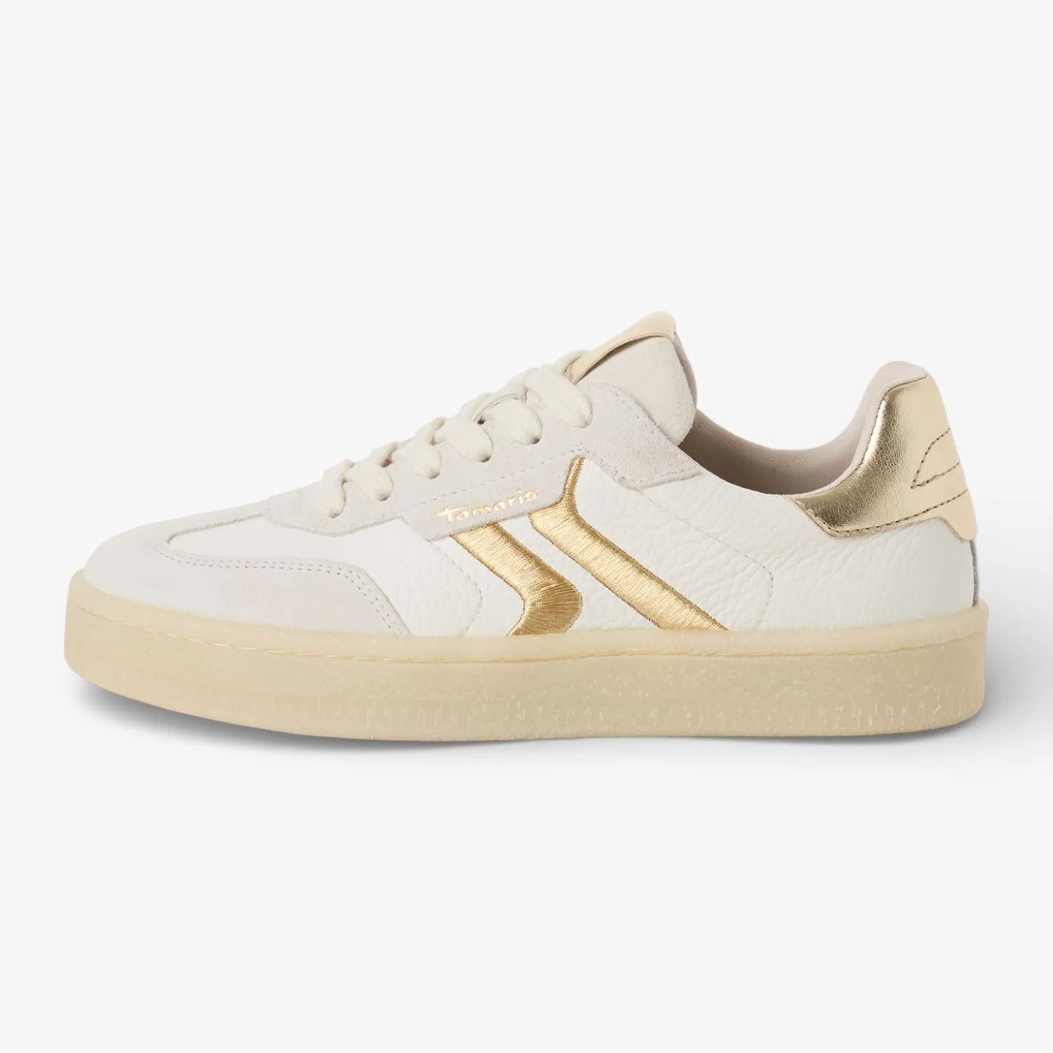 Tamaris women’s white and light gold lace-up trainer side view