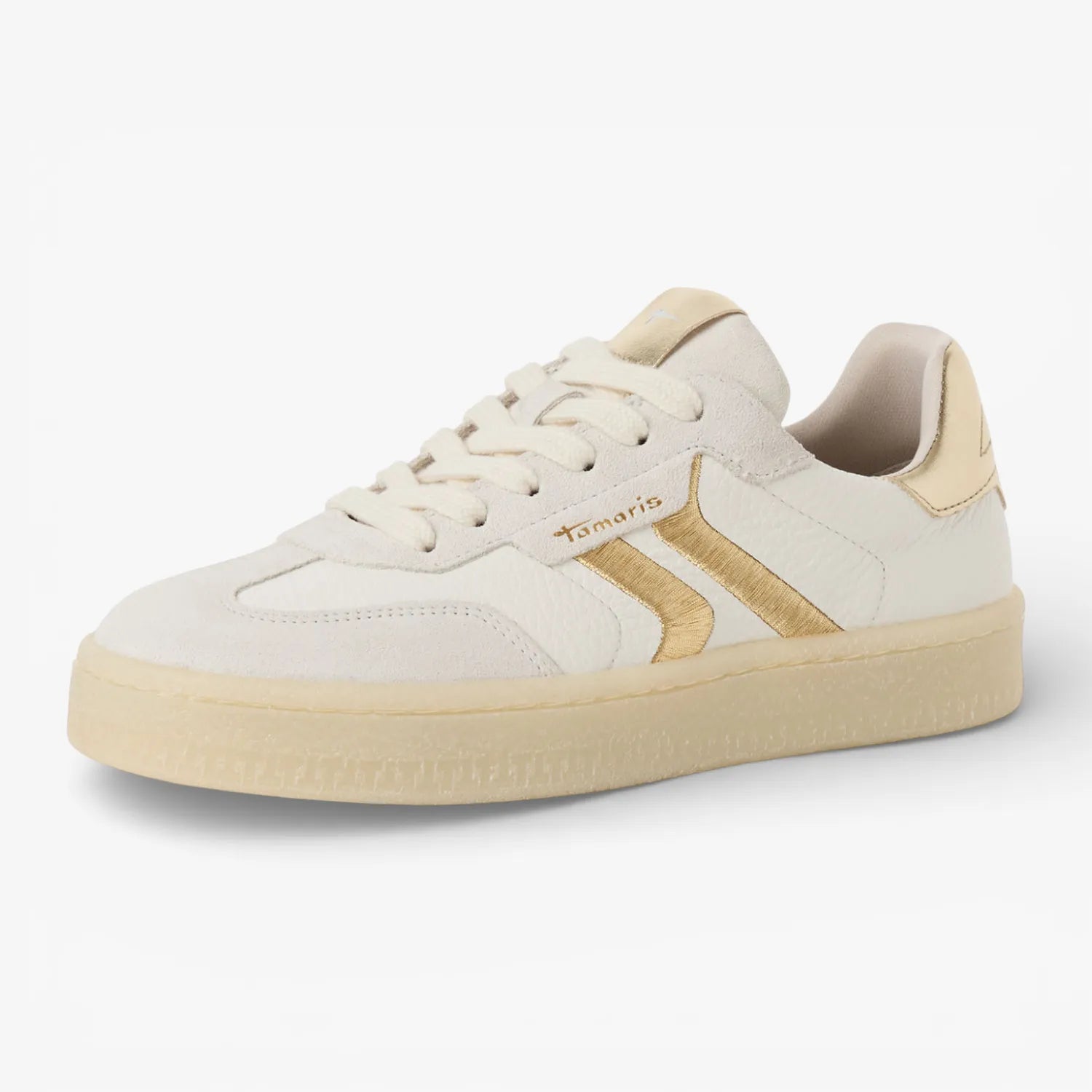 Tamaris white/light gold trainer 3/4 angle