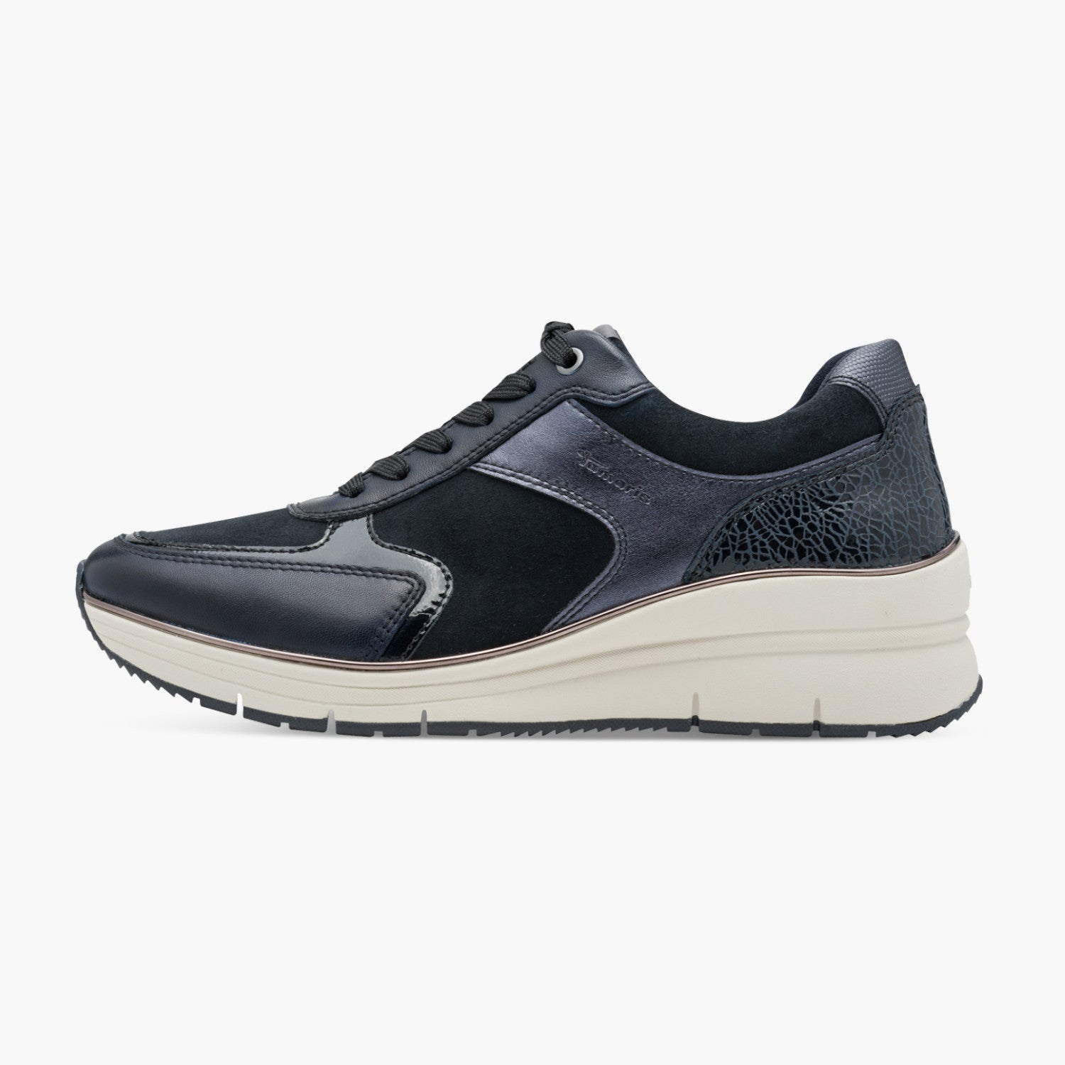 Tamaris Navy Leather Mix Sneaker with Comfort Zip & Sole - Leavys Shoes
