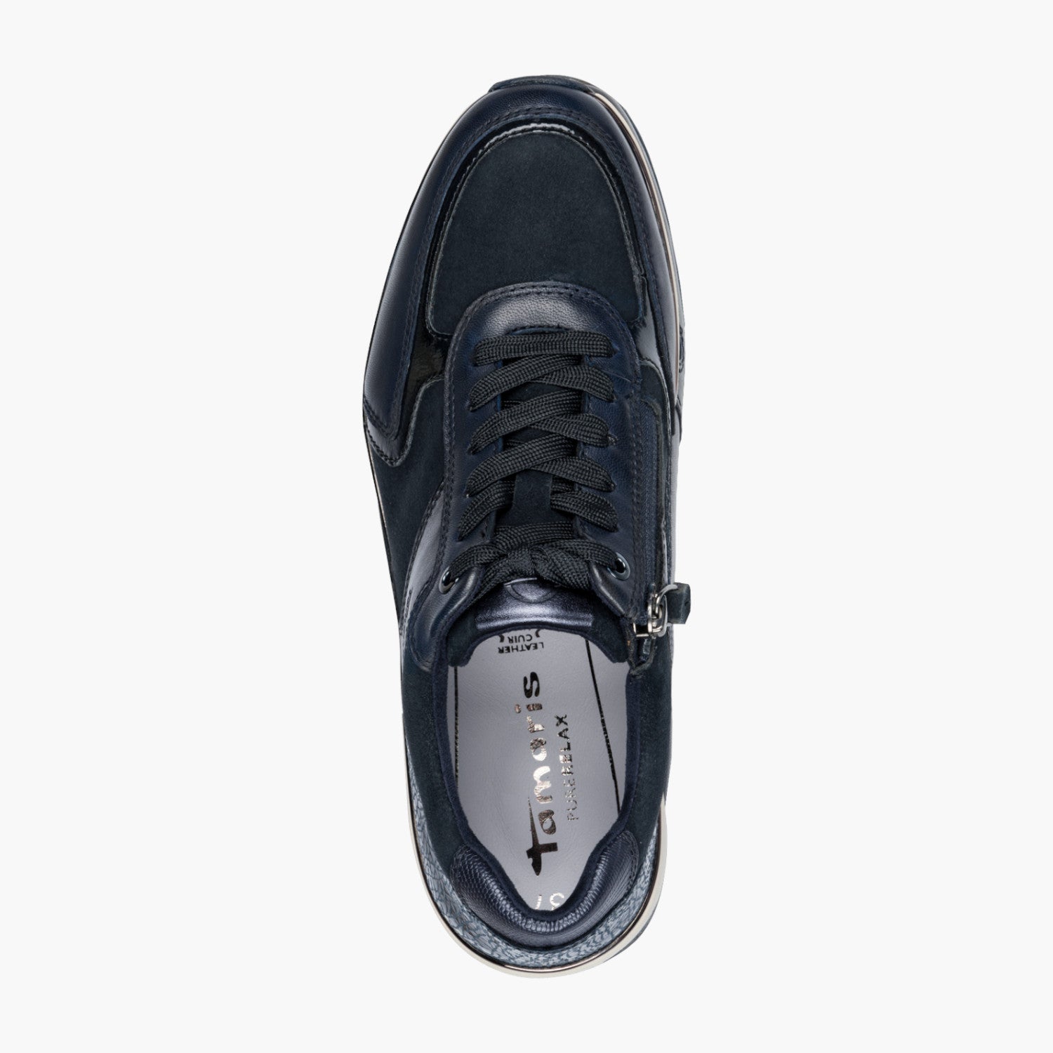 Tamaris Navy Leather Mix Sneaker with Comfort Zip & Sole - Leavys Shoes
