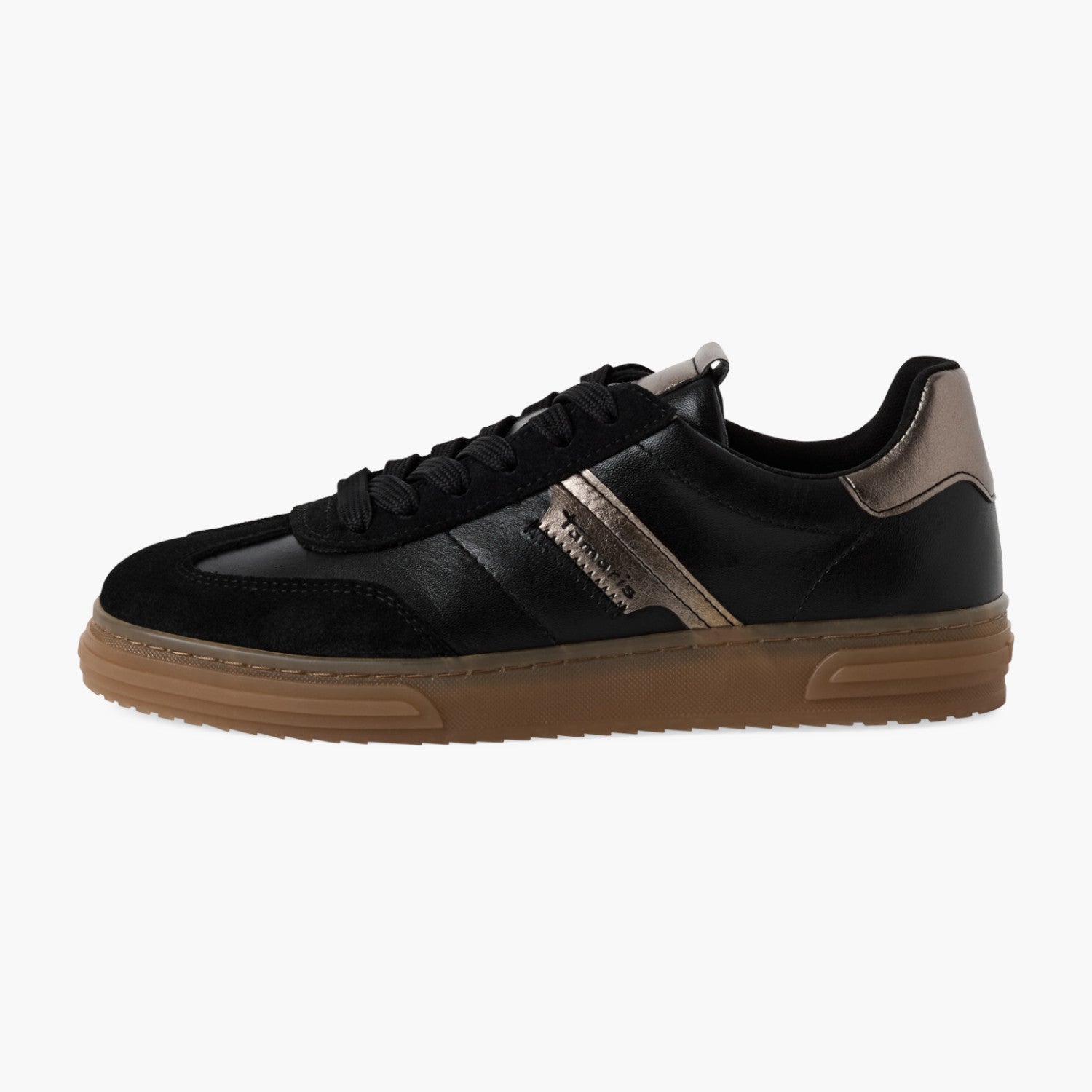 Tamaris Black Leather Lace-Up Sneaker with Bronze Accents - Leavys Shoes