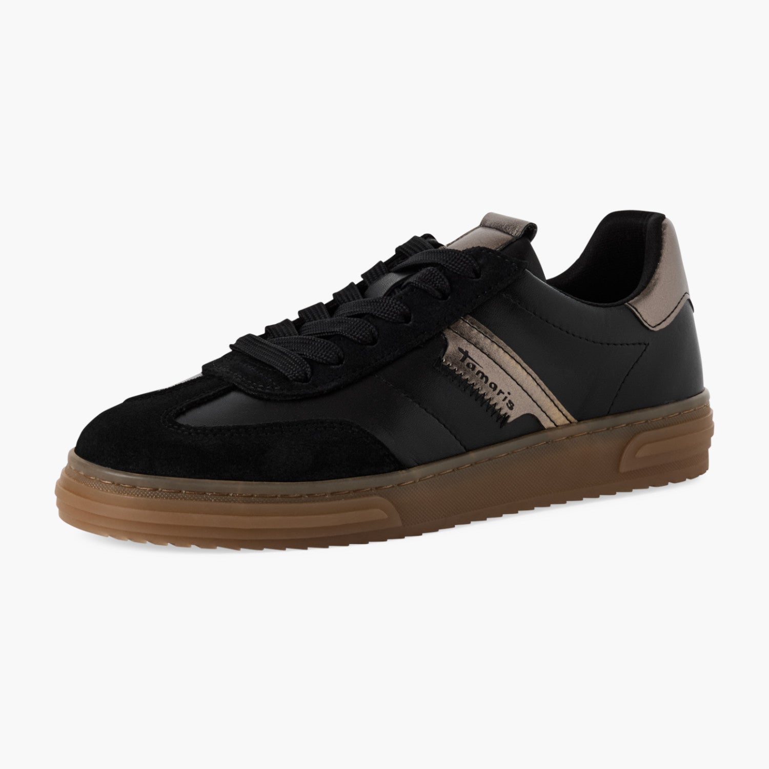 Tamaris Black Leather Lace-Up Sneaker with Bronze Accents - Leavys Shoes