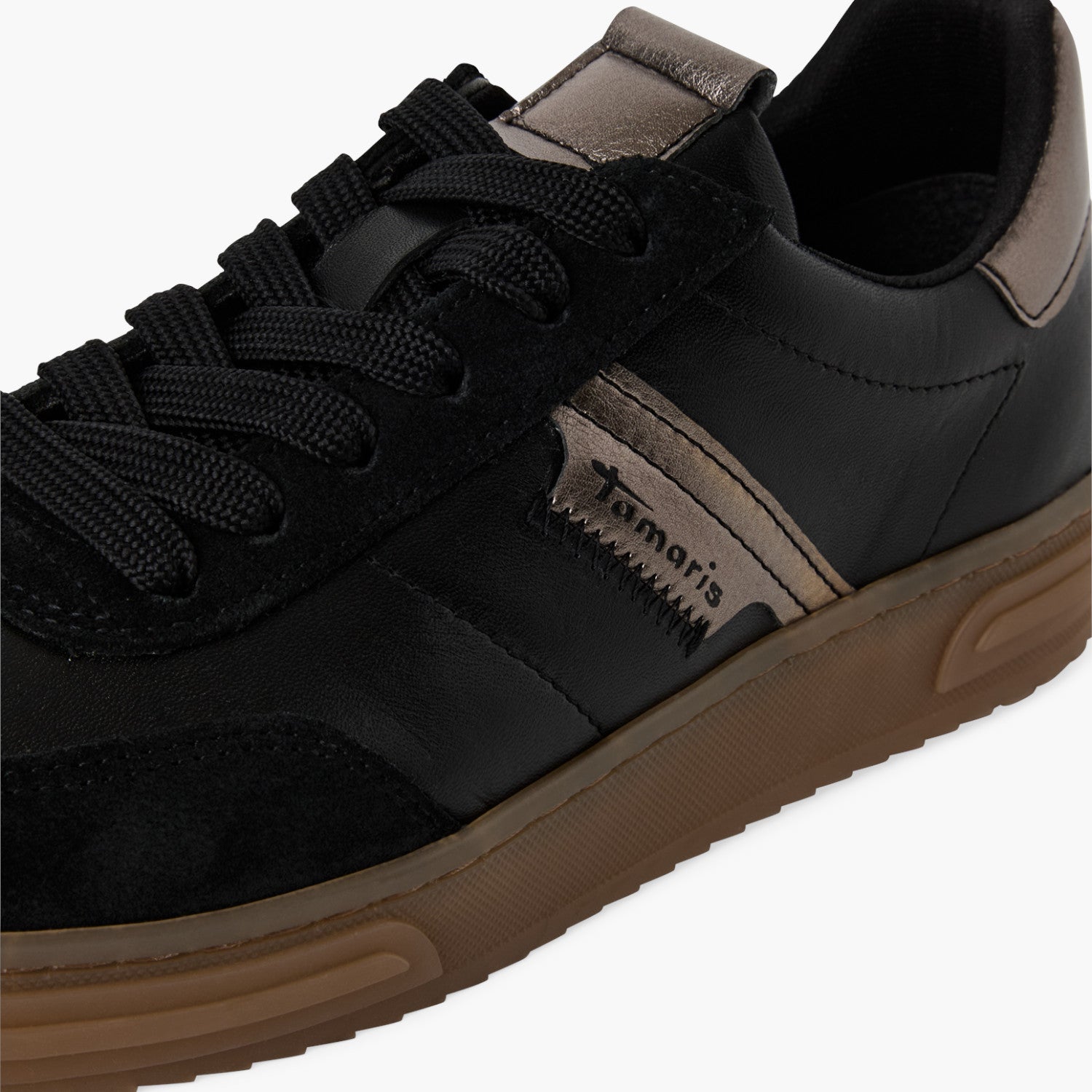 Tamaris Black Leather Lace-Up Sneaker with Bronze Accents - Leavys Shoes