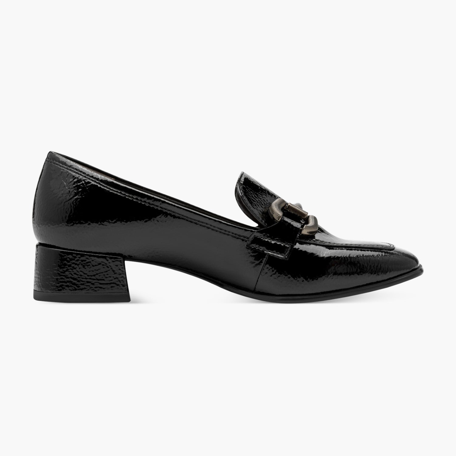 Tamaris Black Patent Loafer with Gunmetal Detail - Leavys Shoes