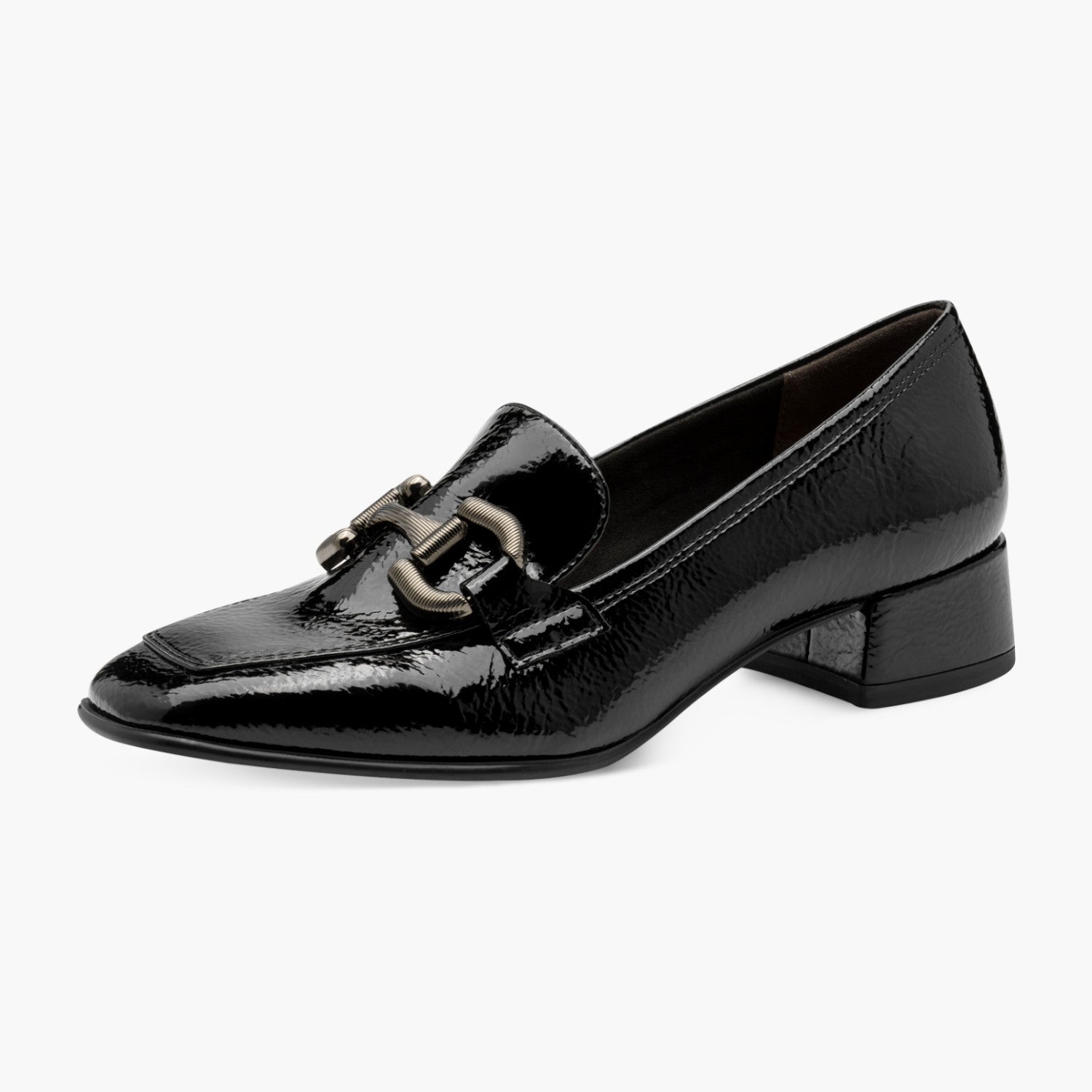 Tamaris Black Patent Loafer with Gunmetal Detail - Leavys Shoes
