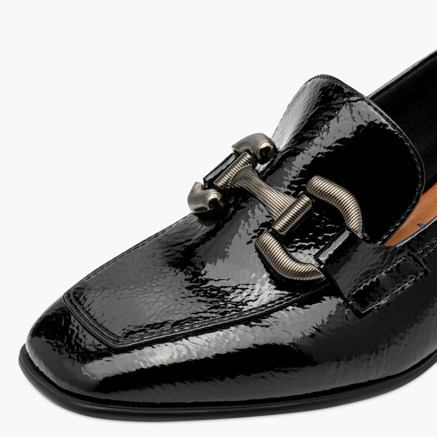 Tamaris Black Patent Loafer with Gunmetal Detail - Leavys Shoes