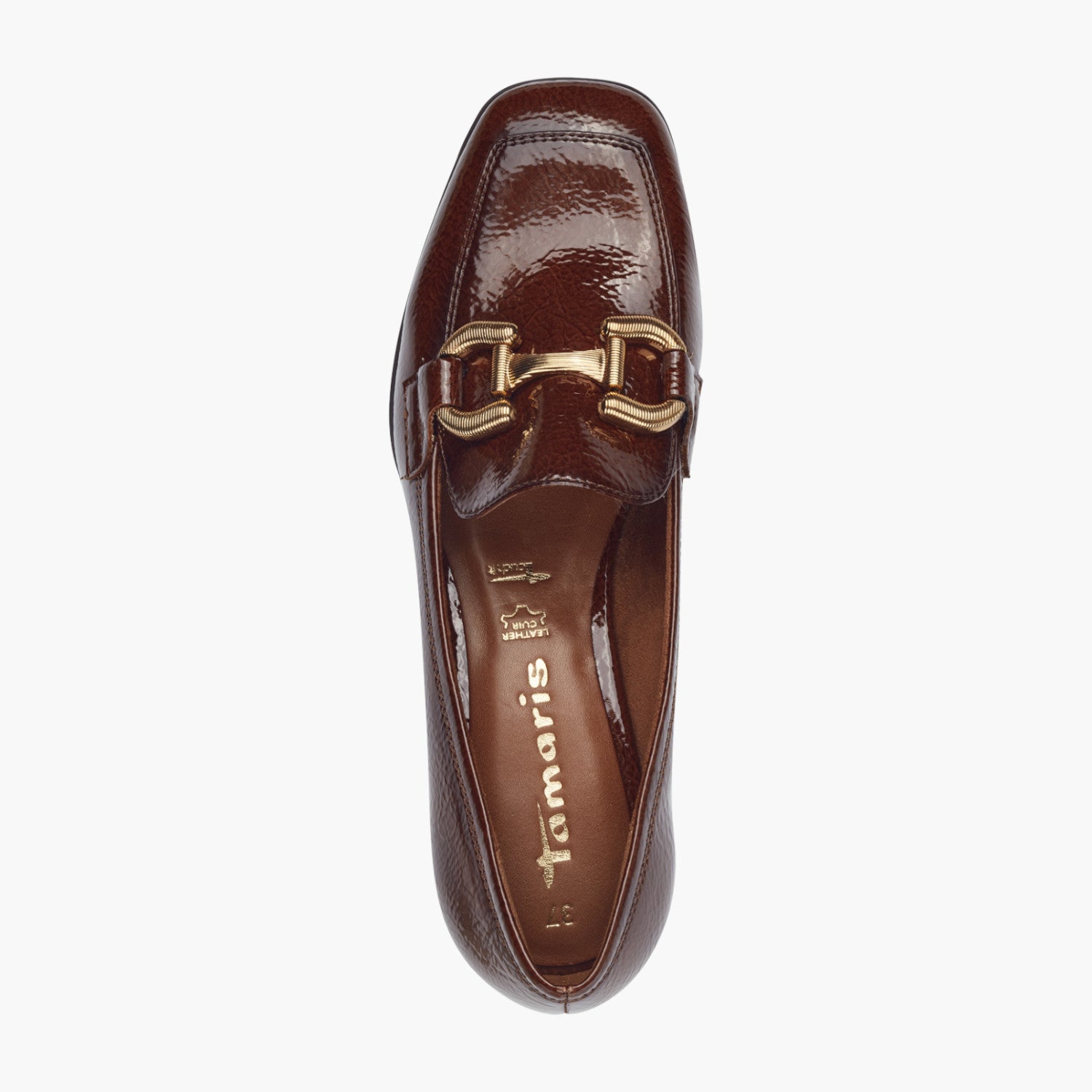 Tamaris Brown Patent Loafer with Gold Chain Detail - Leavys Shoes
