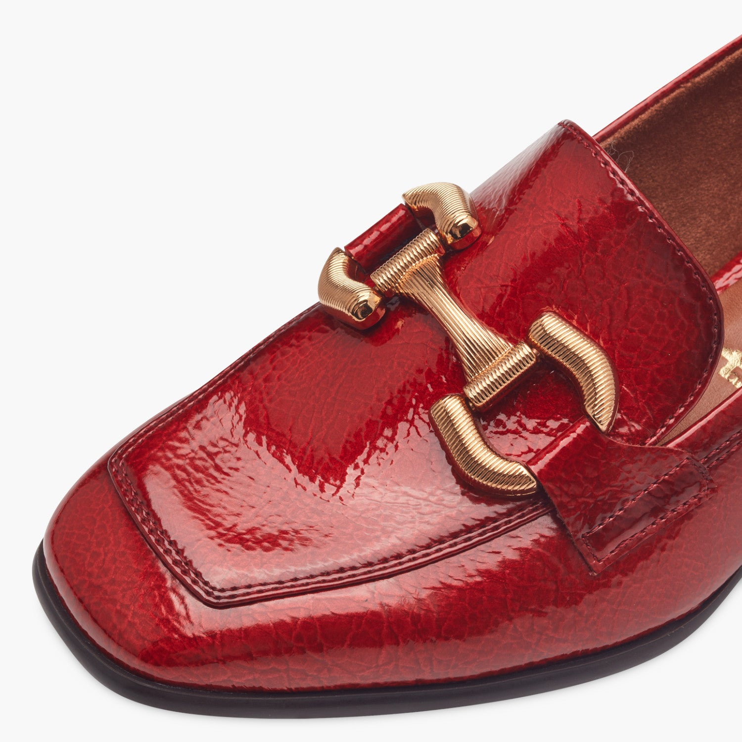 Tamaris Red Patent Loafer with Gold Horsebit Detail - Leavys Shoes
