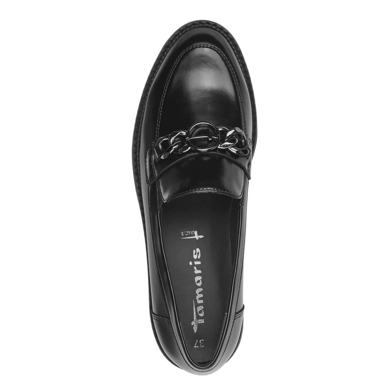 Front view of Tamaris Black Loafer with Chain Link Detail