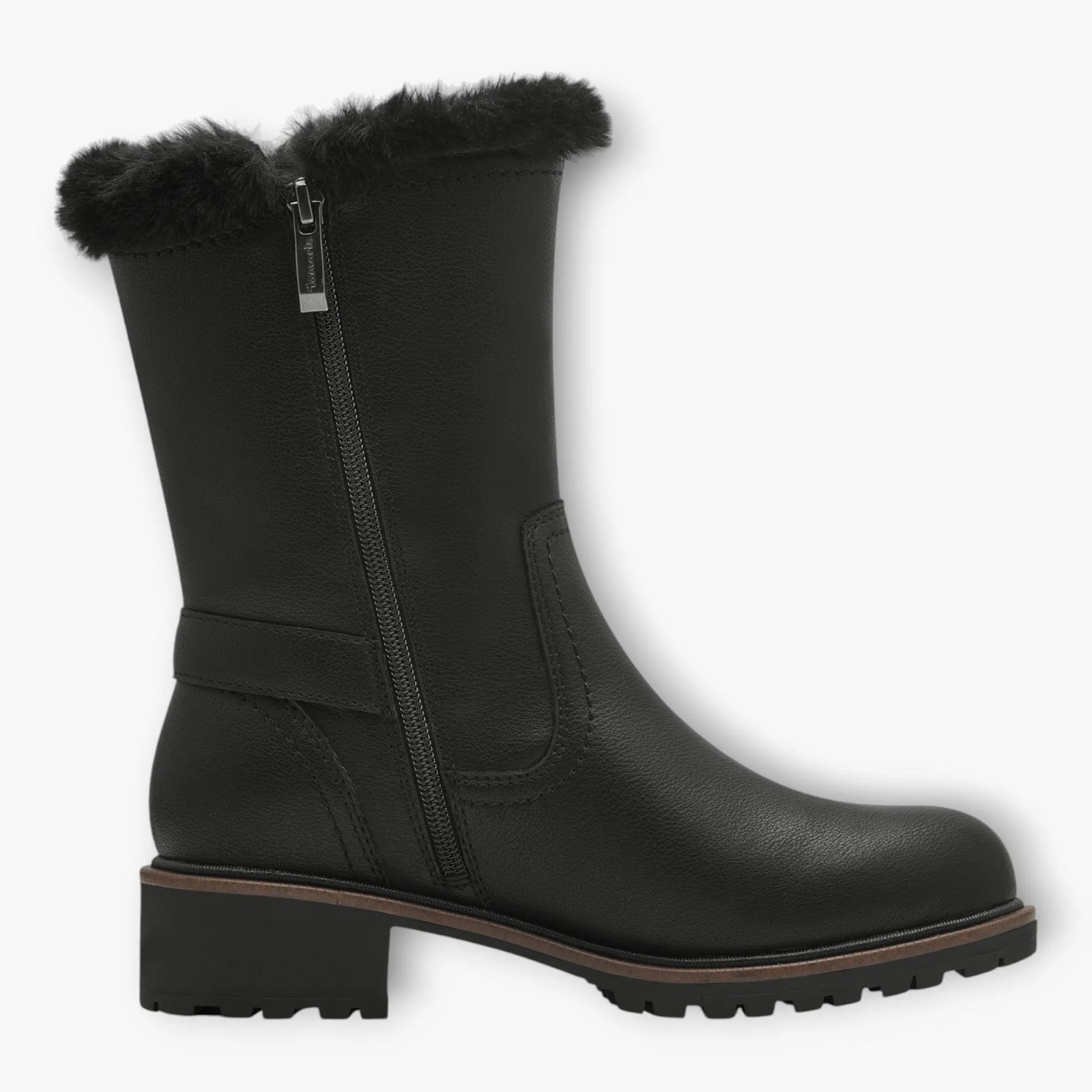 Tamaris Black Boots with Fur Trim & Buckle Detail - Block Heel, Side Zip, Comfort Fit - Leavys Shoes