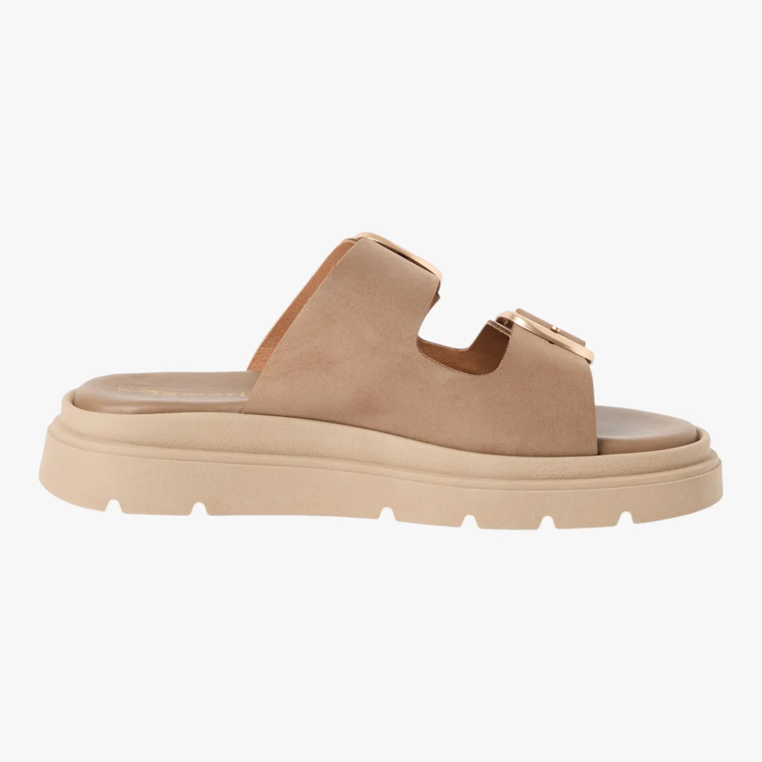 Tamaris Taupe Nubuck Buckle Slides