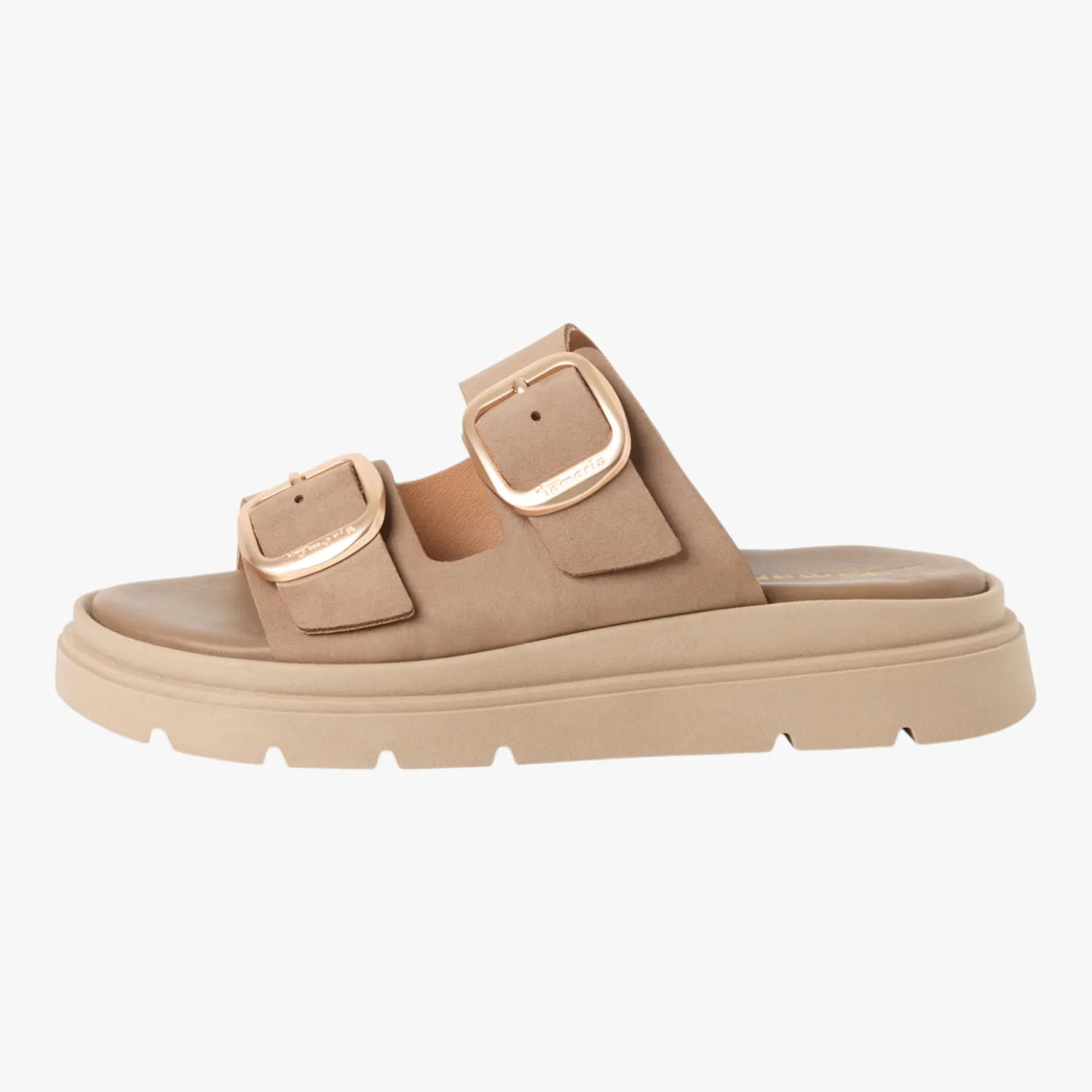 Tamaris Taupe Nubuck Buckle Slides