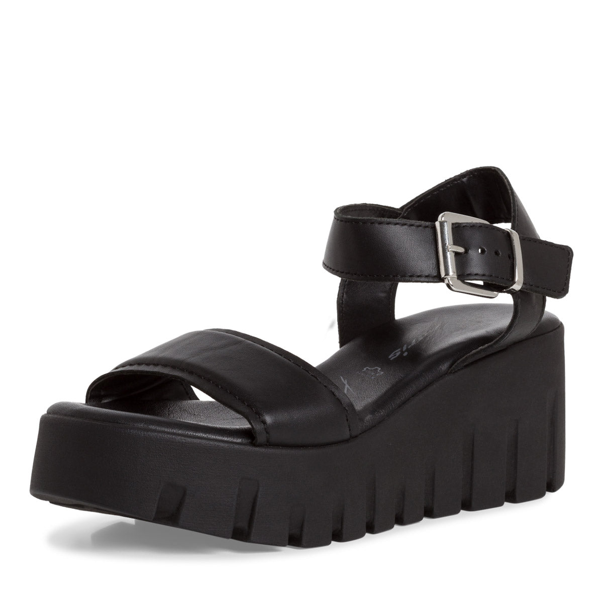 Tamaris Black Leather Sandals with Silver Buckle and Chunky Wedge