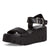 Tamaris Black Leather Sandals with Silver Buckle and Chunky Wedge