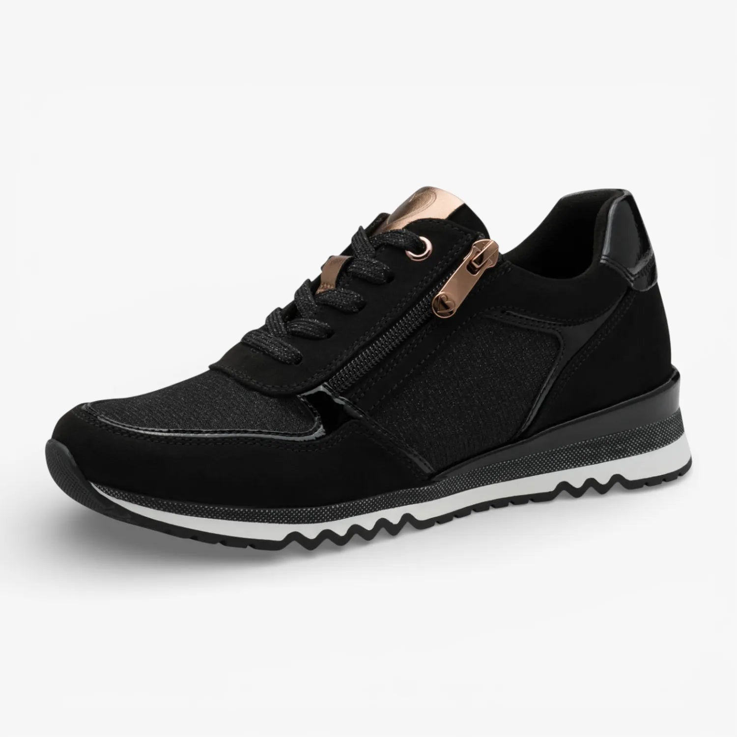 Marco Tozzi Black/Copper Lace-Up Trainer (Vegan) – Zip & Removable Footbed
