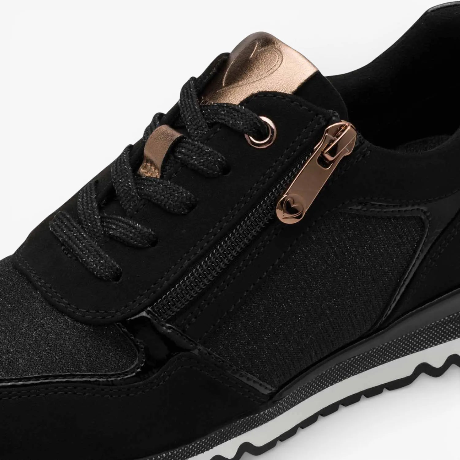 Marco Tozzi Black/Copper Lace-Up Trainer (Vegan) – Zip & Removable Footbed