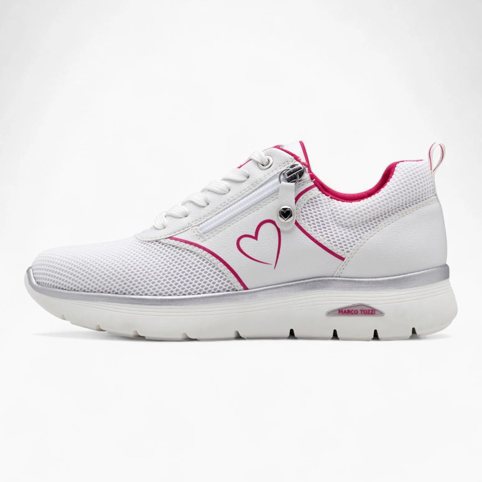 Marco Tozzi White Trainers with Pink Heart & Zip Detail - Leavys Shoes