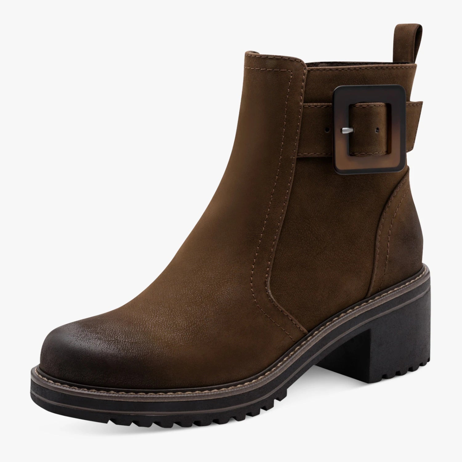 Marco Tozzi Coffee Brown Buckle Block Heel Ankle Boots