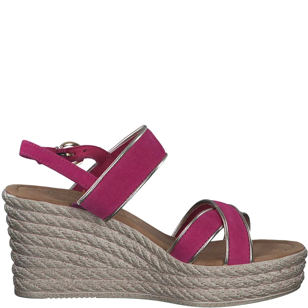 Marco Tozzi Fuchsia Wedge Sandals with Gold Details - Leavys Shoes