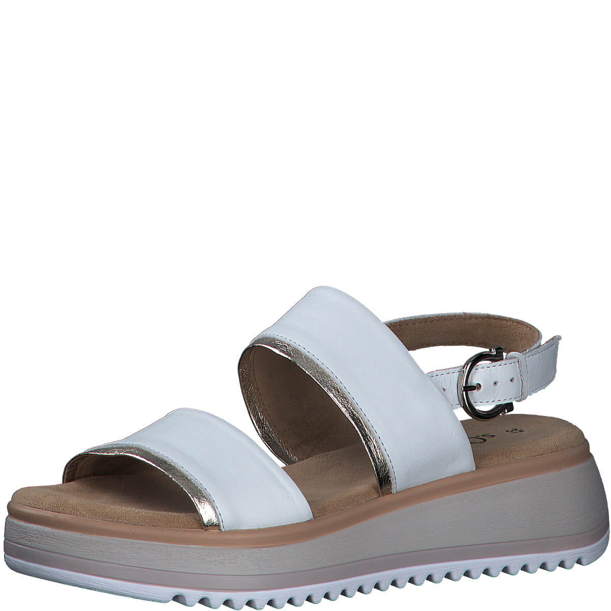     Front view of S.Oliver Summer Sandals with white leather and gold-touched straps.