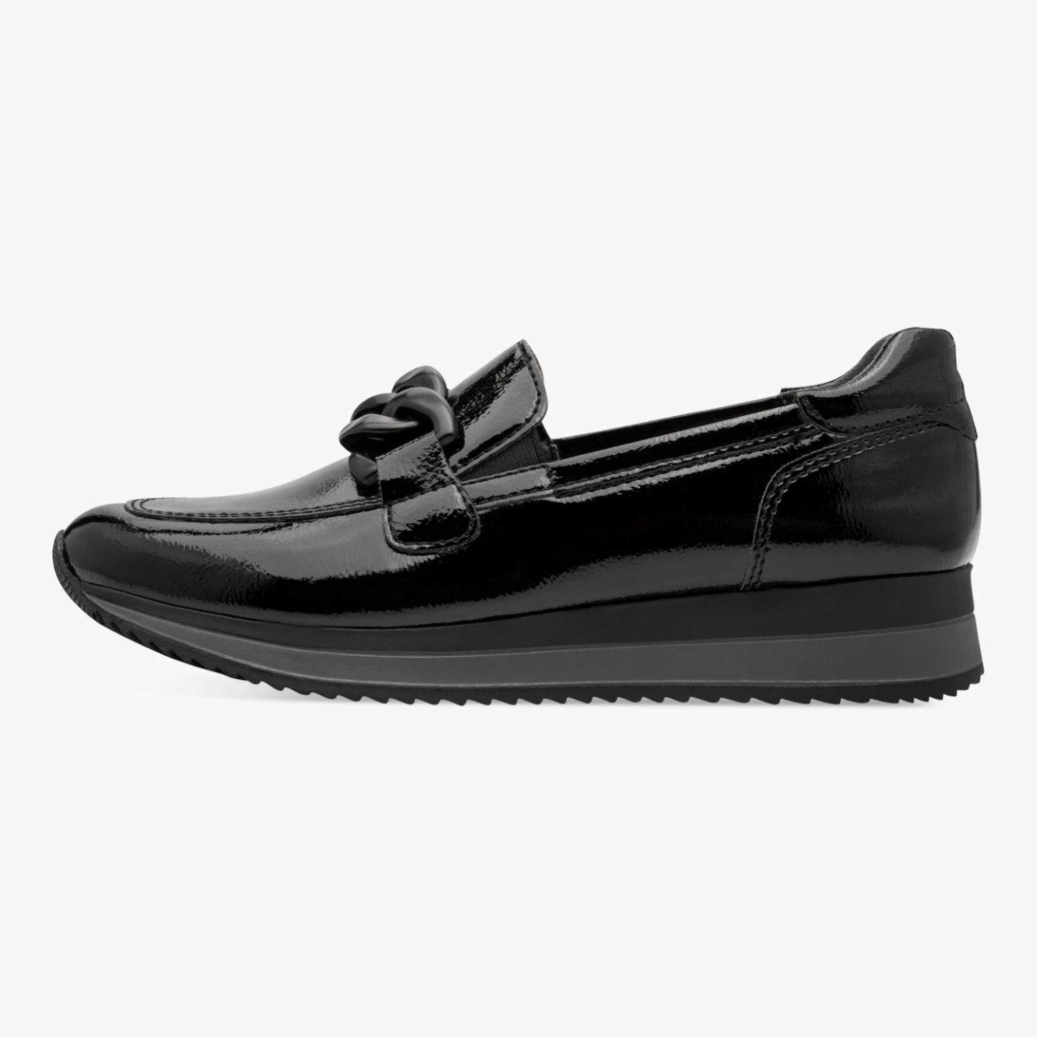 Jana Black Patent Wide Fit Chain Wedge Loafers
