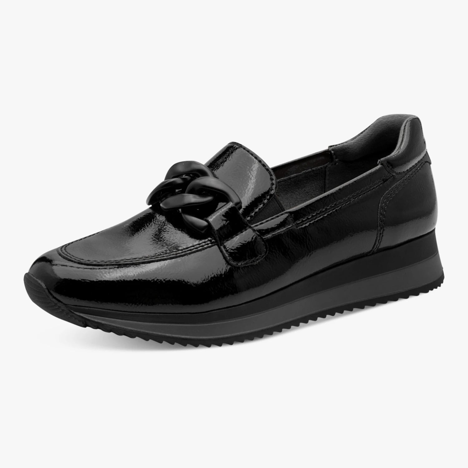Jana Black Patent Wide Fit Chain Wedge Loafers
