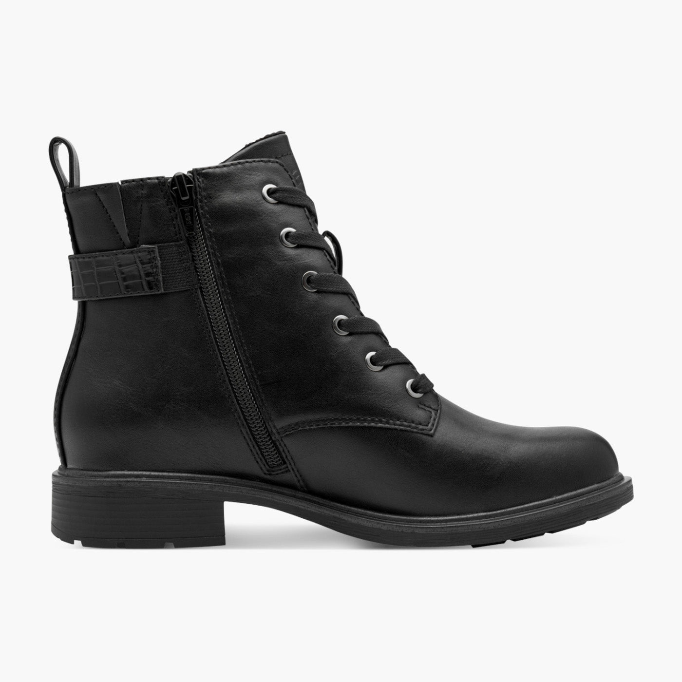 Jana Vegan Black Lace-Up Ankle Boot with Buckle Detail - Leavys Shoes