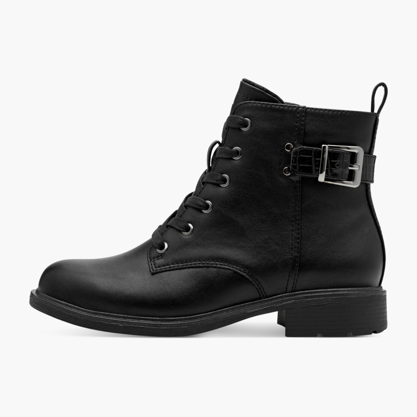 Jana Vegan Black Lace-Up Ankle Boot with Buckle Detail - Leavys Shoes