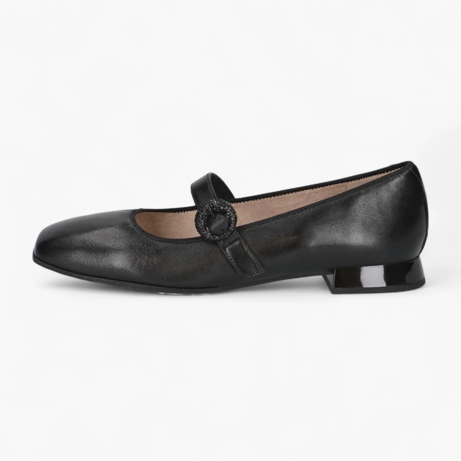 Caprice Black Leather Mary Jane Ballerina with Buckle - Leavys Shoes
