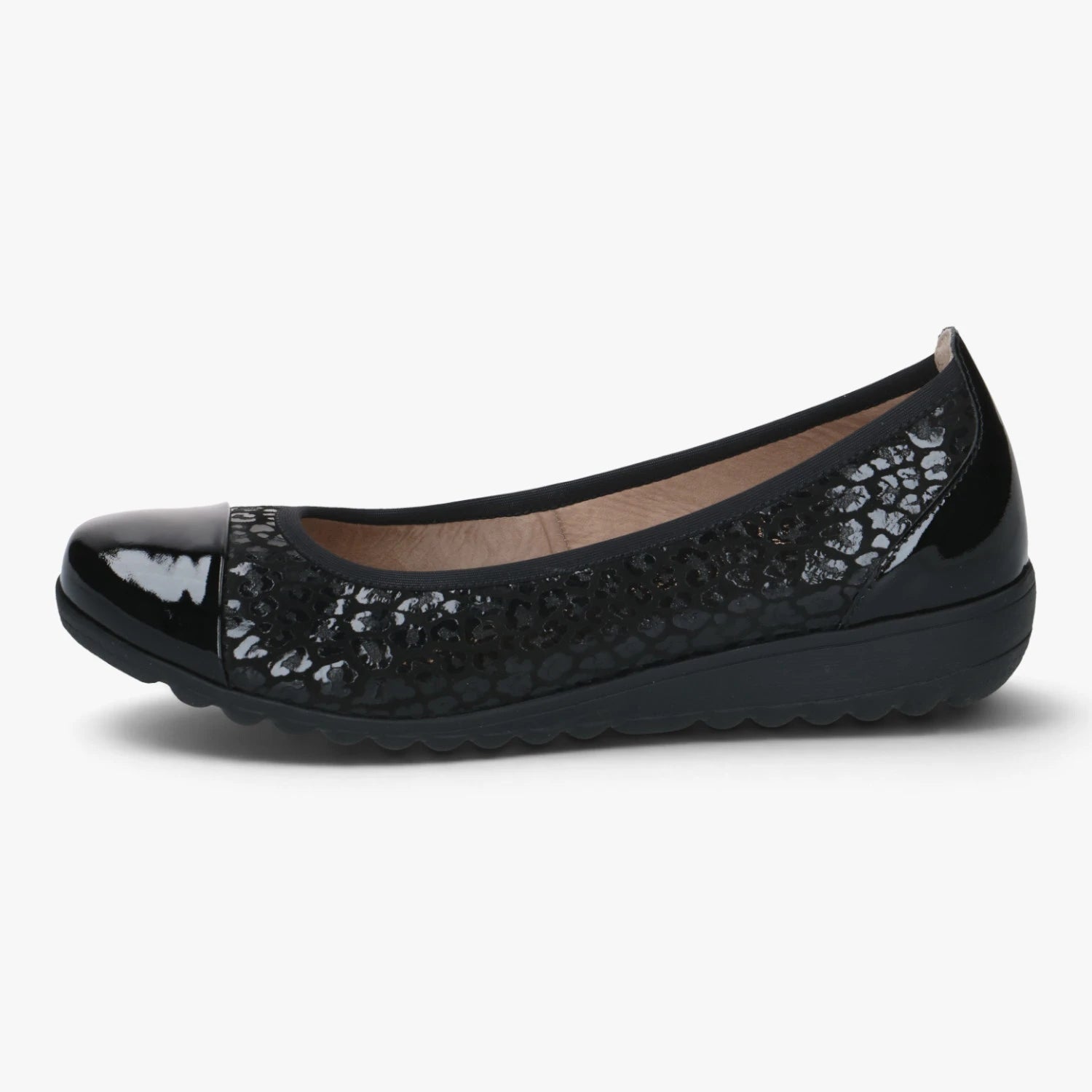Caprice Black Leopard Leather Comfort Ballerinas