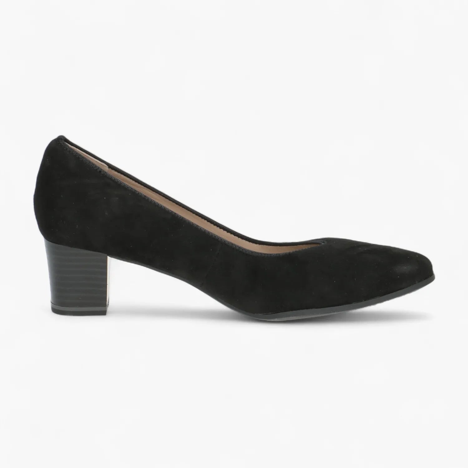 Caprice Black Suede Court Shoe with Block Heel - Leavys Shoes