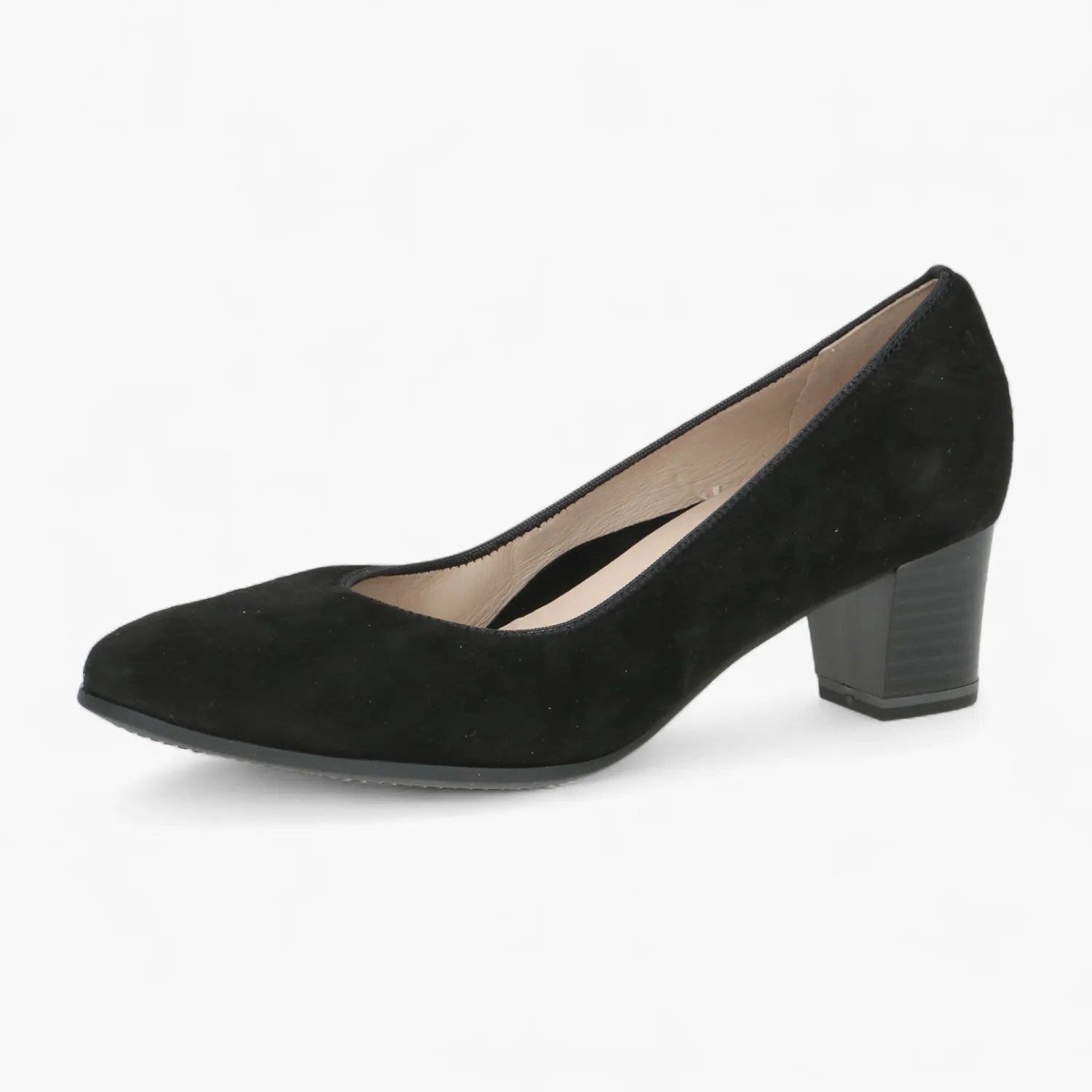 Caprice Black Suede Court Shoe with Block Heel - Leavys Shoes