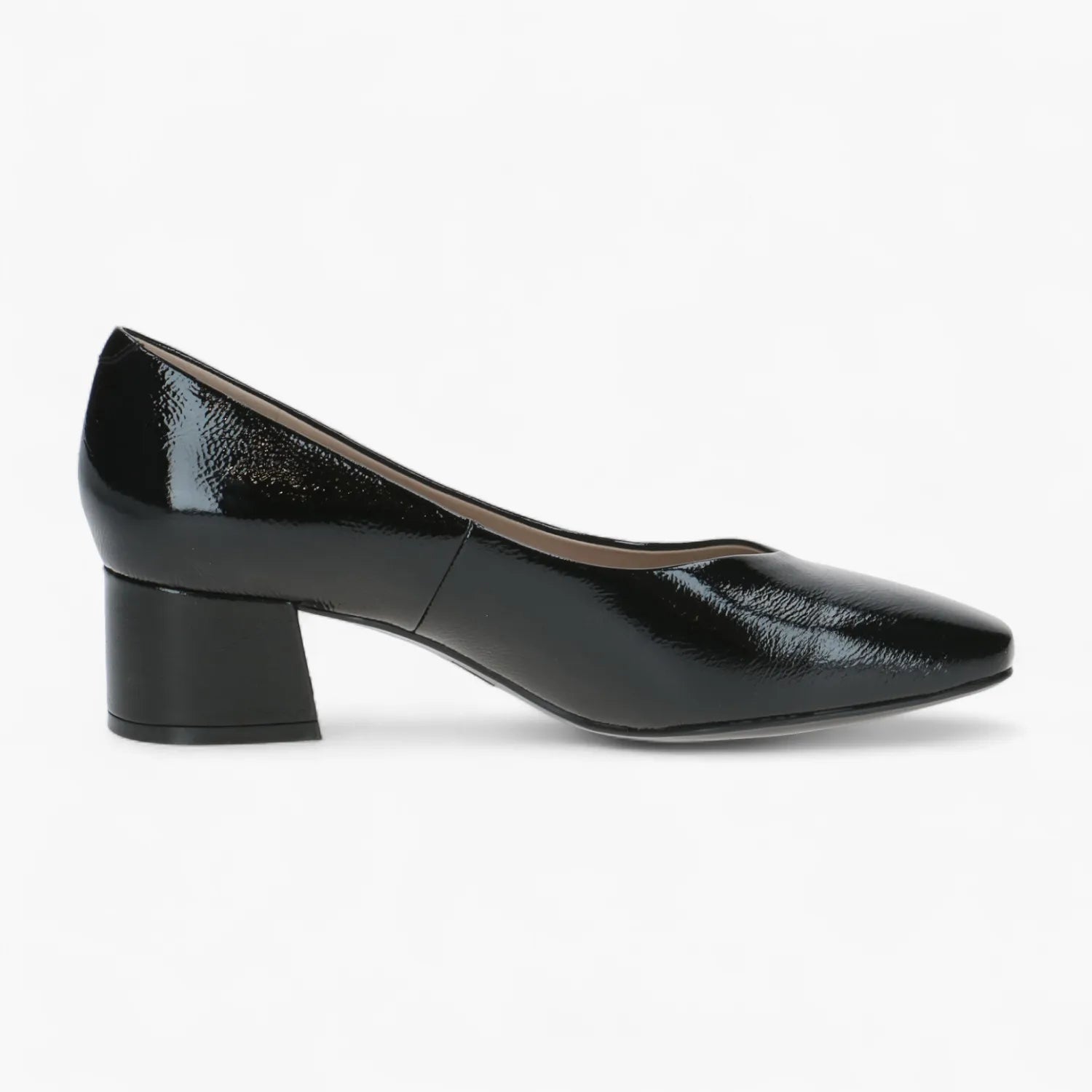 Caprice Black Naplak Court Shoe with Block Heel - Leavys Shoes