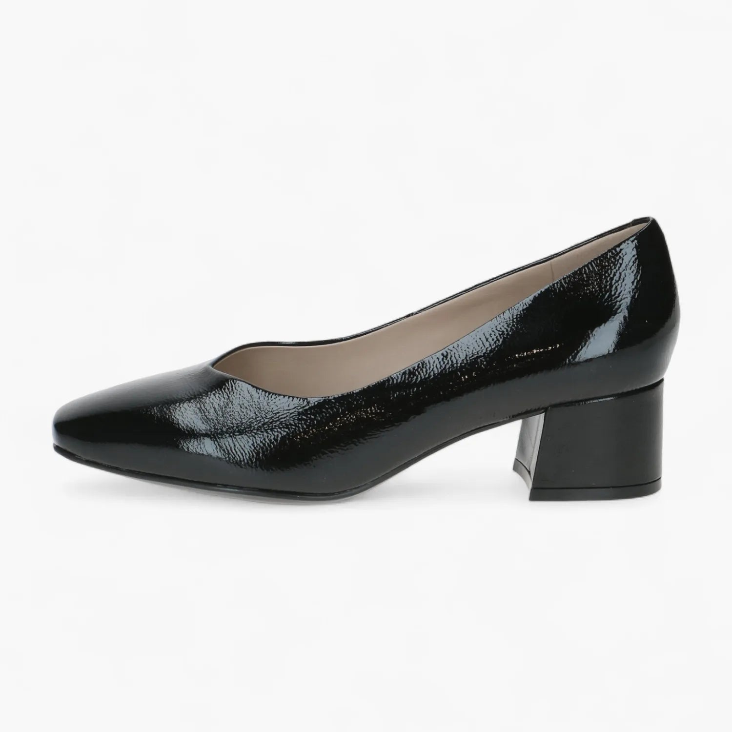 Caprice Black Naplak Court Shoe with Block Heel - Leavys Shoes