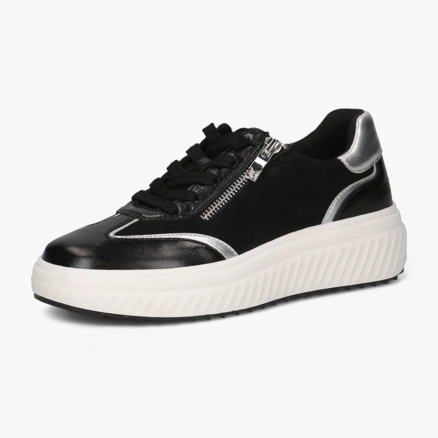 Caprice Black Leather Lace-Up with Silver Trim & Zip - Leavys Shoes
