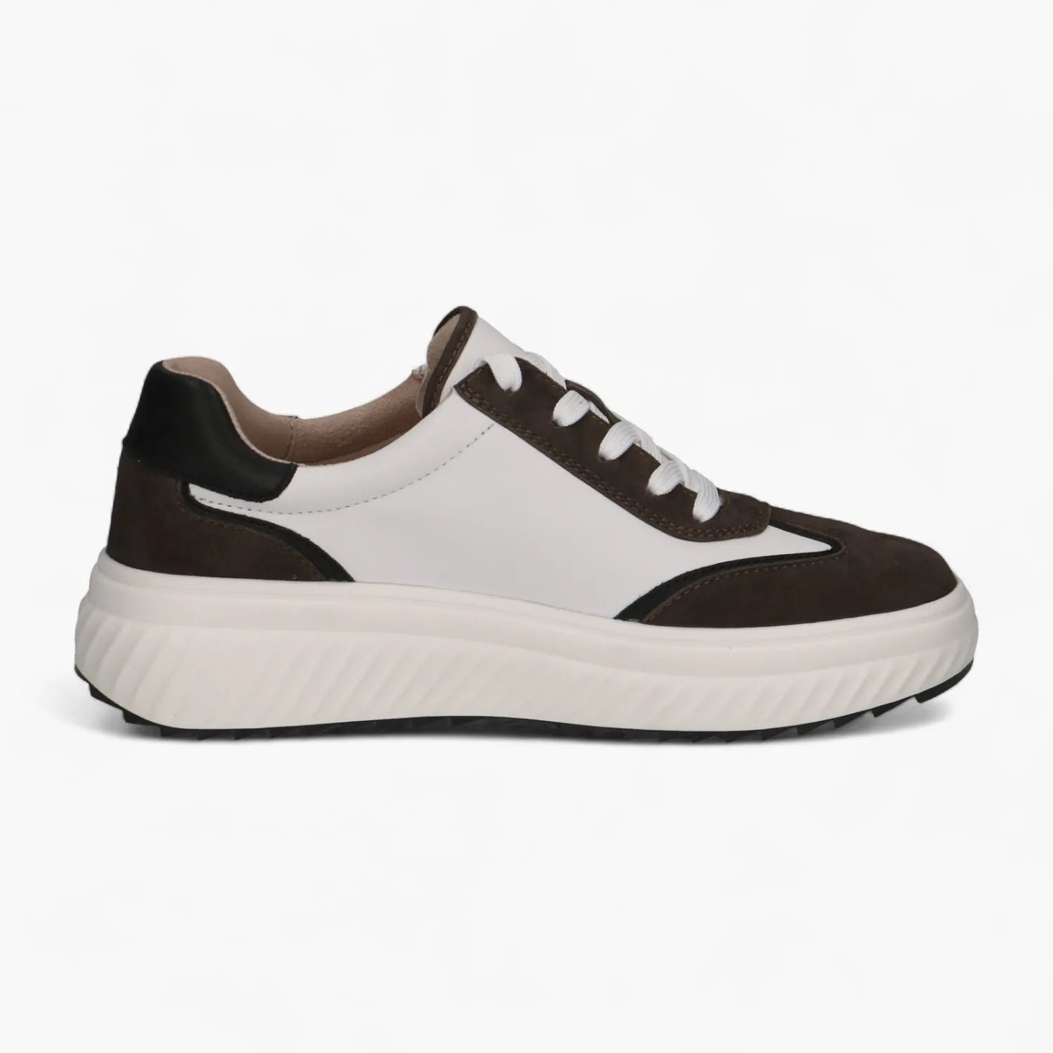 Caprice Leather White & Grey Lace-Up Trainer with Zip - Leavys Shoes