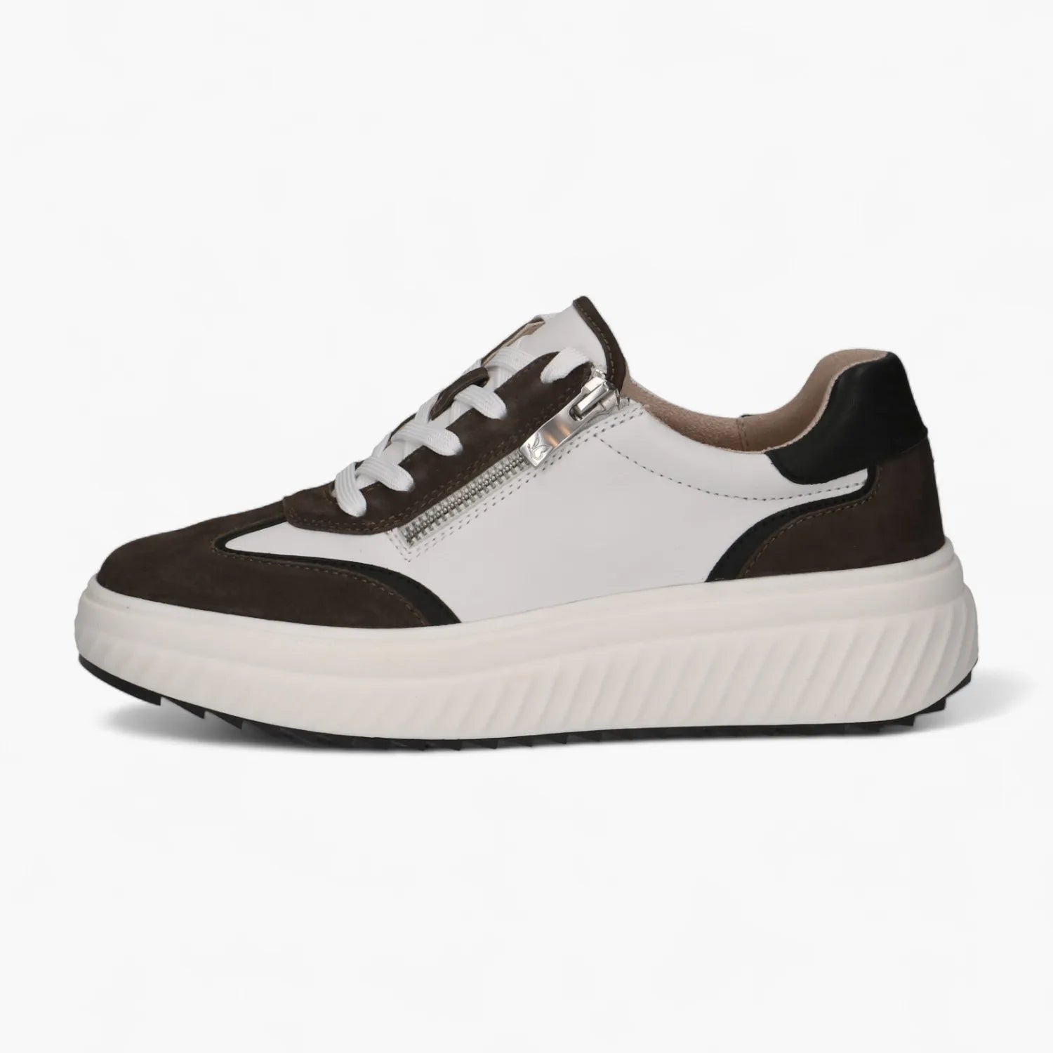 Caprice Leather White & Grey Lace-Up Trainer with Zip - Leavys Shoes