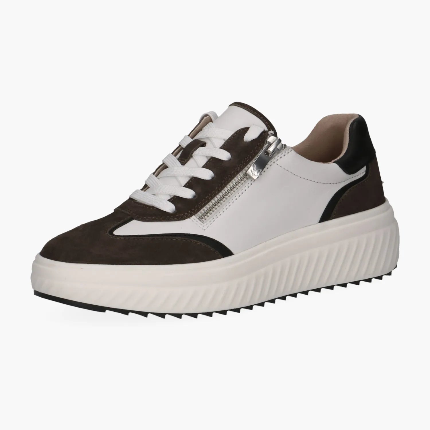 Caprice Leather White & Grey Lace-Up Trainer with Zip - Leavys Shoes