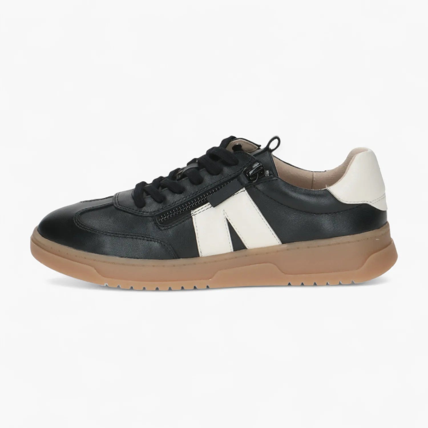 Caprice Leather Black Trainer with Zip & Gum Sole - Leavys Shoes
