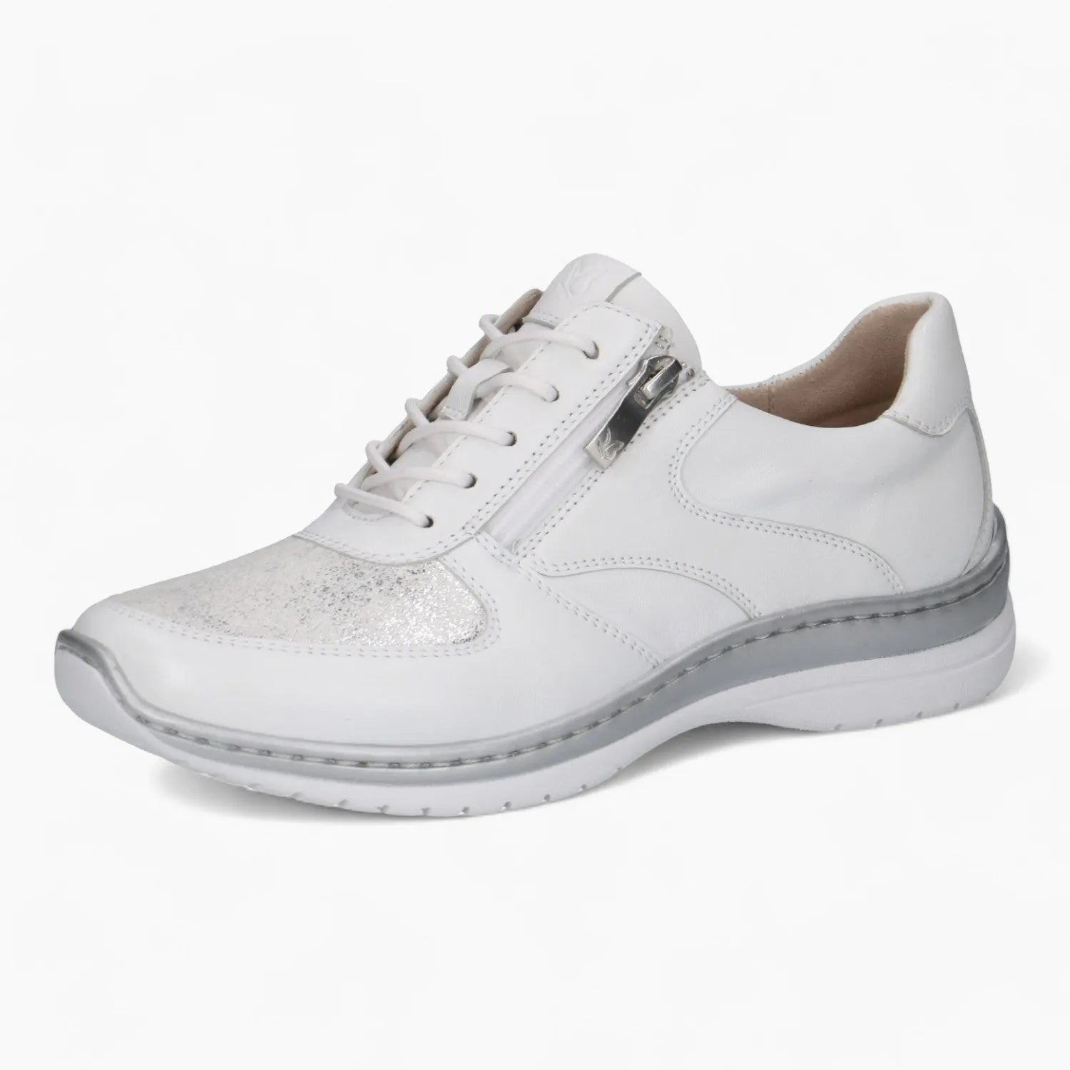 Caprice White Leather Runner – Metallic Toe & Side Zipper - Leavys Shoes