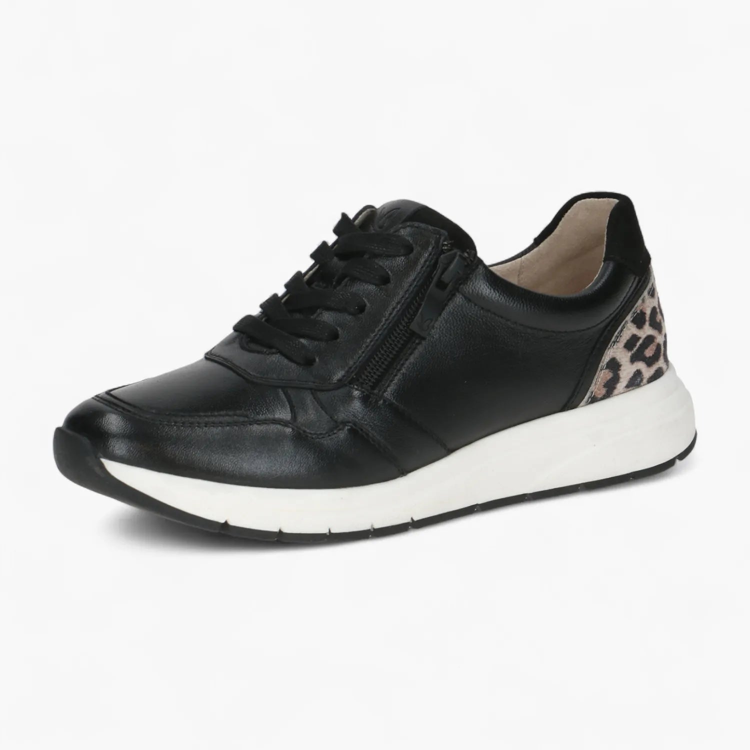 Caprice Black Leather Runner with Leopard Heel & Zip - Leavys Shoes