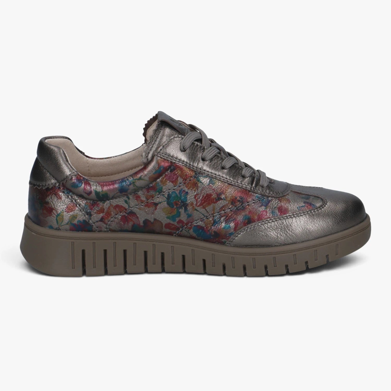Caprice Pewter Floral Wide Fit Leather Trainers