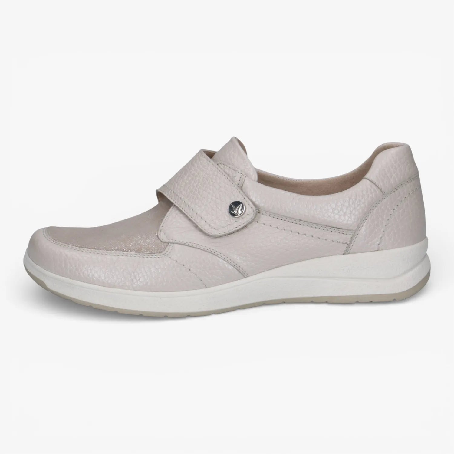 Light gray shoe with a strap on a white background
