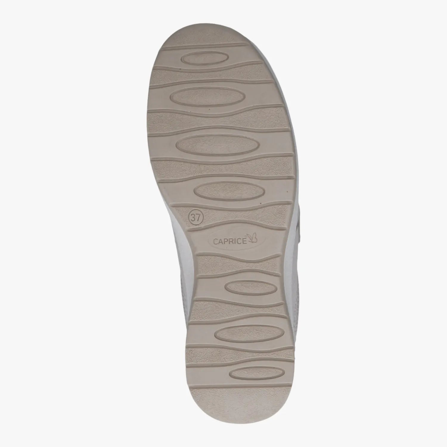 Close-up of a shoe sole with 'Caprice' branding on a white background
